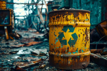 Rusted yellow and blue recycling bin is in burned out building. Generative AI.の素材