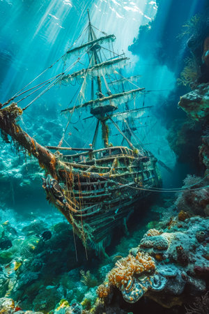 Picture of ship wrecked underwater with rope and chain visible. Generative AI.の素材