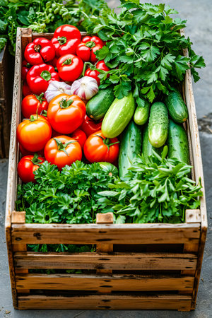 Wooden crate is filled with assortment of vegetables including tomatoes, peppers and cucumbers. Generative AI.の素材