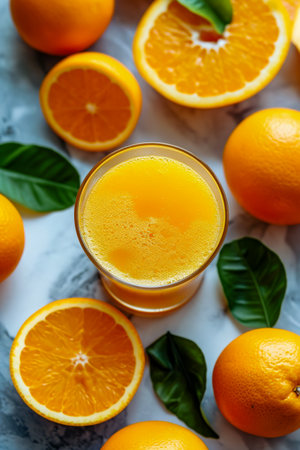 Glass of orange juice is surrounded by sliced oranges. Generative AI.の素材