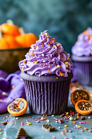 Cupcake with purple frosting and orange sprinkles is shown with two other cupcakes in the background. Generative AI.の素材