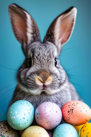 Rabbit holding three colored eggs in its lap. Generative AI.の素材