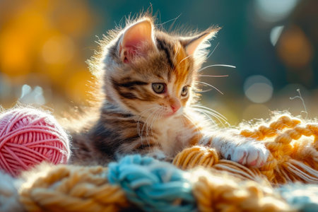 Kitten stars at something while sitting on top of ball of yarn. Generative AI.の素材
