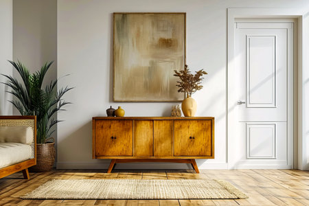 Wooden dresser with three drawers is placed against wall that has two paintings on it. Generative AI.の素材