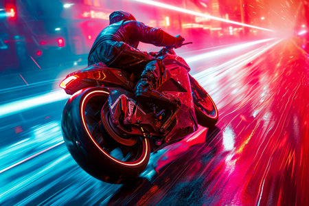 Man is riding motorcycle with neon orange lights in the background. Generative AI.の素材