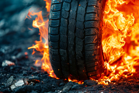 Tire is on fire and is surrounded by flames. Generative AI.の素材