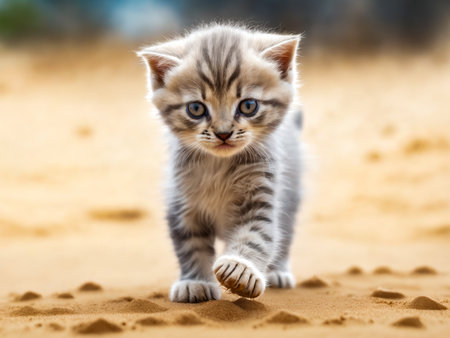 Small kitten is walking on sand looking to its right with one paw in front of it. Generative AI.の素材