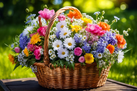 Colorful bouquet of flowers sits in woven basket on table outside. Generative AI.の素材