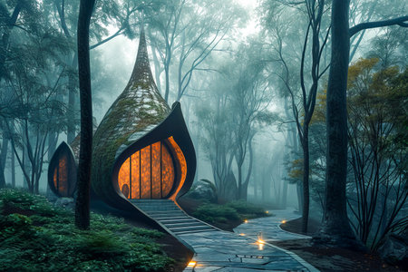 House in forest setting has open door leading to path that continues into the woods. Generative AI.の素材