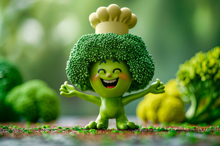 Green cartoonish figure with big happy smile and chef's hat. Generative AI.の素材