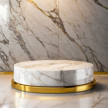 Round white and gold object is sitting on marble floor in front of wall with veins. Generative AI.の素材