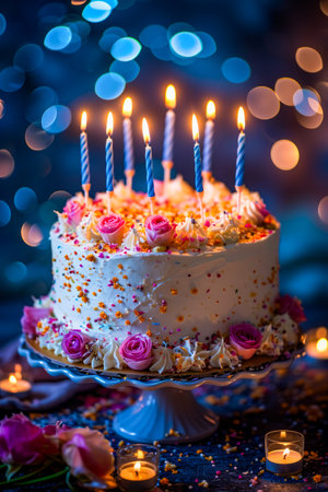 Cake with white frosting and pink flowers has blue candles on it. Generative AI.の素材