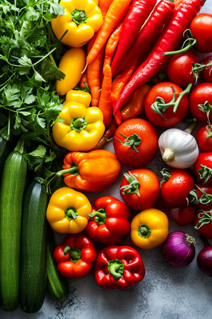 Colorful assortment of vegetables including peppers and tomatoes are displayed on table. Generative AI.の素材