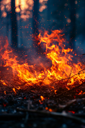 Fire in wooded area with sparks flying up into the air. Generative AI.の素材