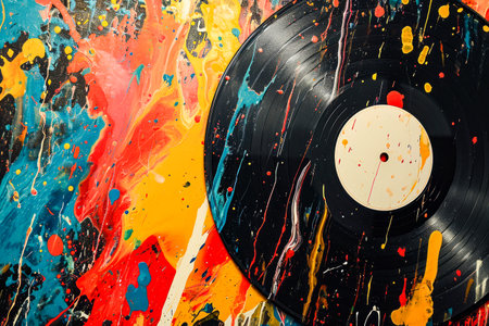 Record has colorful splatter-style painting on its surface. Generative AI.の素材