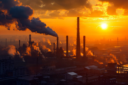 The sun is shining over factory with multiple smoke stacks creating orange sky above it. Generative AI.の素材