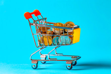 Shopping cart is filled with coins including one gold coin. Generative AI.の素材