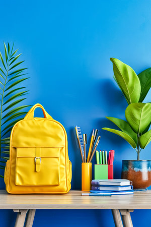 Yellow backpack is sitting next to blue wall and some plants. Generative AI.の素材