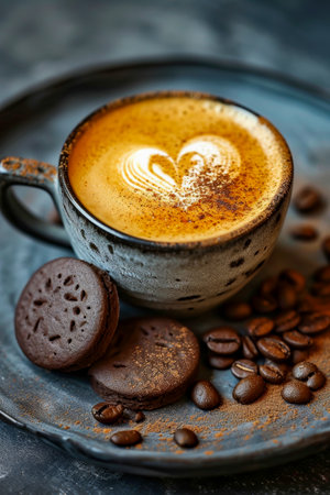 Cup of coffee with heart shape in the foam surrounded by beans and cookies. Generative AI.の素材