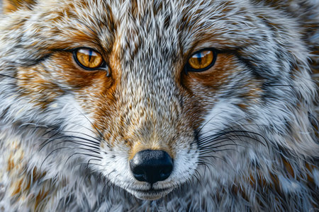 Close up of fox's face with his eyes wide open and staring directly at the camera. Generative AI.の素材
