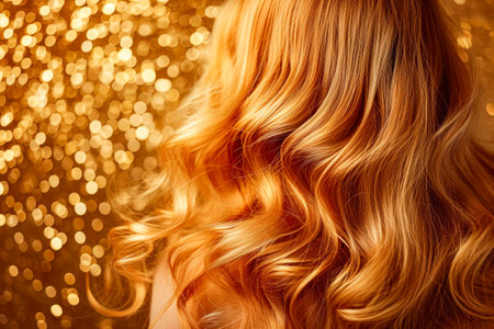 Woman with long blonde hair that is shiny and has gold tint to it. Generative AI.の素材