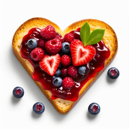 Piece of bread with jam and berries on it cut into heart shape. Generative AI.の素材