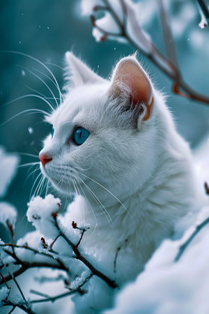 White cat with blue eyes stars into the snowy abyss. Generative AI.の素材