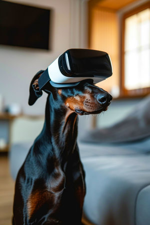 Black and white dog wearing virtual reality headset. Generative AI.の素材