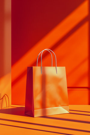 Orange shopping bag with handles is displayed in advertisement. Generative AI.の素材