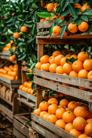 Crates of oranges stacked on top of each other with some oranges falling out of the crates. Generative AI.の素材