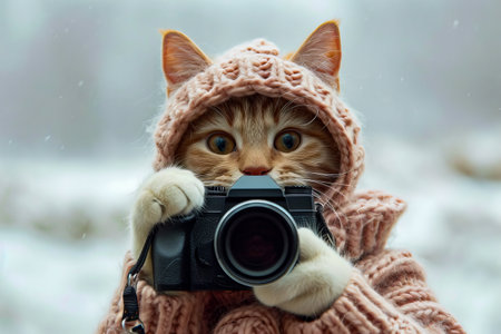 Cat wearing sweater and holding camera. Generative AI.の素材