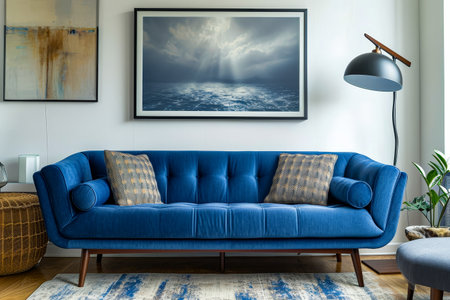 Blue couch sits in living room with two square pillows and painting of ocean scene above it. Generative AI.の素材