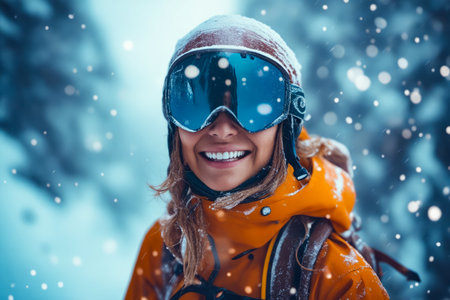 Woman wearing snowsuit and goggles smiles for the camera. Generative AI.の素材