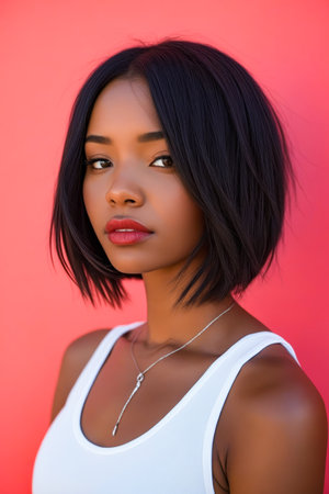 Woman with necklace on and her hair cut short. Generative AI.の素材