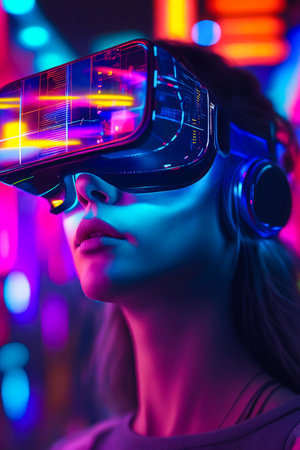 Woman with headphones on and blue glasses that are looking towards the cityscape. Generative AI.の素材