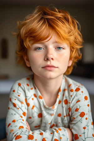 Child with red hair and freckles stars into the camera. Generative AI.の素材