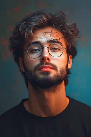 Man with long hair and glasses wears black shirt. Generative AI.の素材