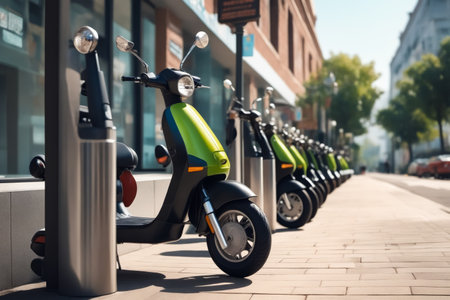A row of scooters are parked on the sidewalk. The scooters are green and blackの素材