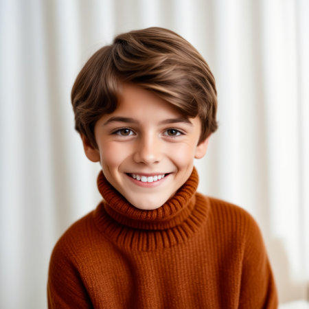 A young boy is smiling and wearing a brown sweater. The sweater is a knit and has a pattern on it. The boy's smile is bright and cheerful, and he looks happy and contentの素材