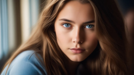 A woman with long brown hair and blue eyes is looking at the camera. She has a nice smile and her eyes are brightの素材