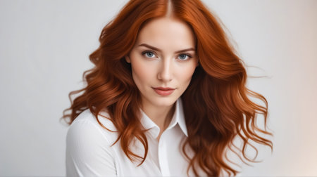 A woman with long red hair and a white shirt. She is smiling and looking at the cameraの素材