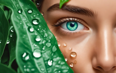 A woman with green eyes and a green leaf behind her. The leaf is wet and the water droplets are reflecting the lightの素材