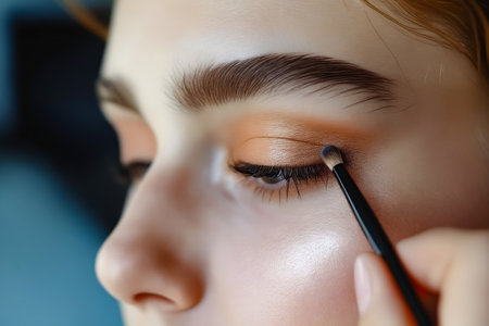 Woman is getting her eyelashes done with large brush. Generative AI.の素材