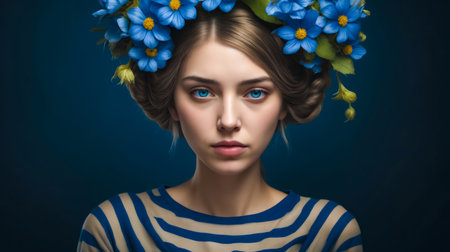 A woman with a blue flower headdress and blue striped shirtの素材