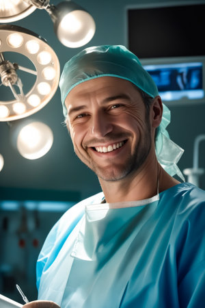 A smiling man in a blue surgical gown holding a clipboard. Concept of happiness and positivityの素材