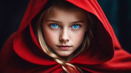 A young girl with blue eyes is wearing a red hooded cape. The girl is looking directly at the cameraの素材