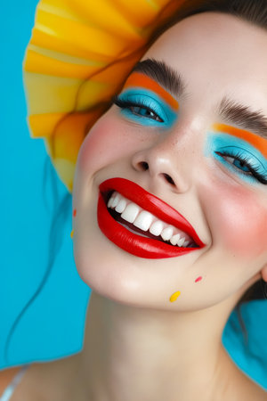 Woman with colorful face and hat on that matches her makeup. Generative AI.の素材