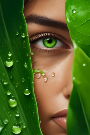 A woman's face is shown through a green leaf, with water droplets on the leaf. Concept of mystery and intrigue, as the woman's face is partially hidden by the leafの素材