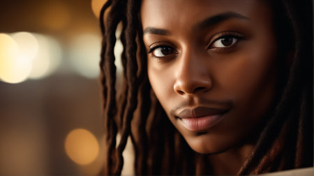 A woman with dreadlocks is looking at the camera. She has a serious expression on her faceの素材