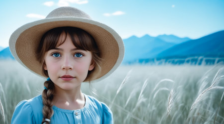 A young girl wearing a straw hat and blue dress is standing in a field of tall grass. The scene is peaceful and serene, with the girl looking directly at the cameraの素材